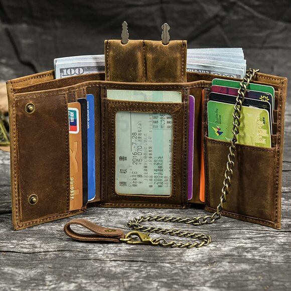 Amazon.com: Wallet with Chain,Genuine Leather Purse RFID  6722 Leather Wallets Chain, Wallet Key Pouch, Bifold Wallet